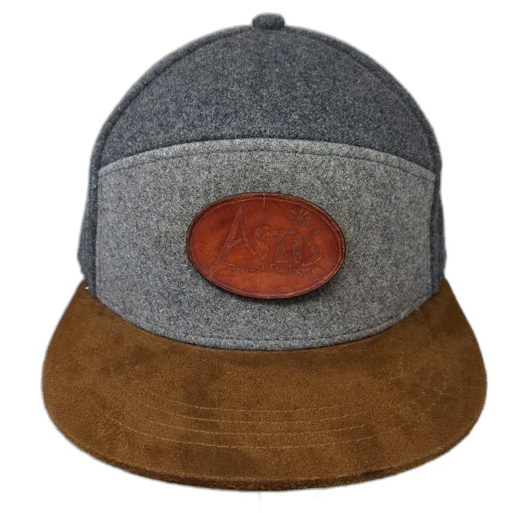 Aksels Snapback Hat Gray Brown One Size Leather Patch Wool Blend Flat Brim